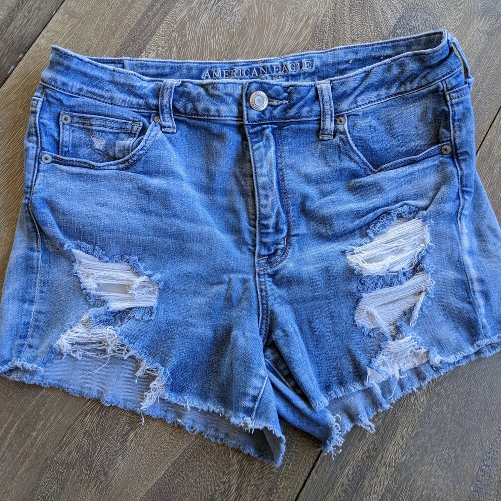 American Eagle Outfitters Distressed Blue Denim Raw Hem Cut Off Shorts, Size 14